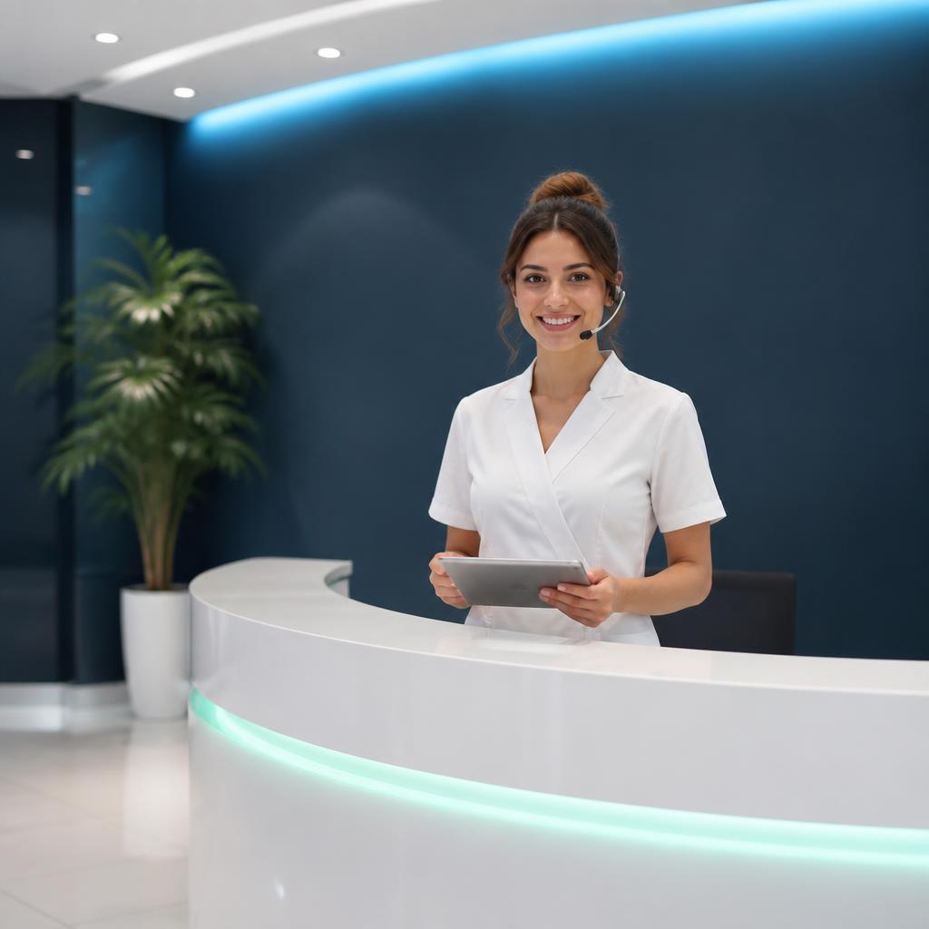 Modern specialty clinic ambience with cyan and mint accent lighting