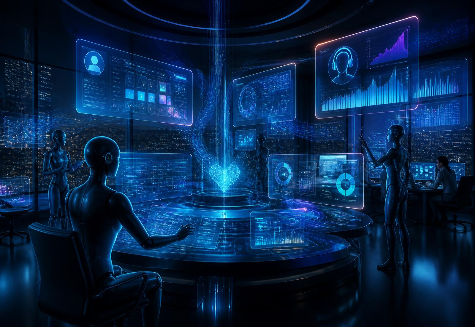 AI agents collaborating inside a futuristic healthcare operations command center with holographic dashboards and flowing data connections