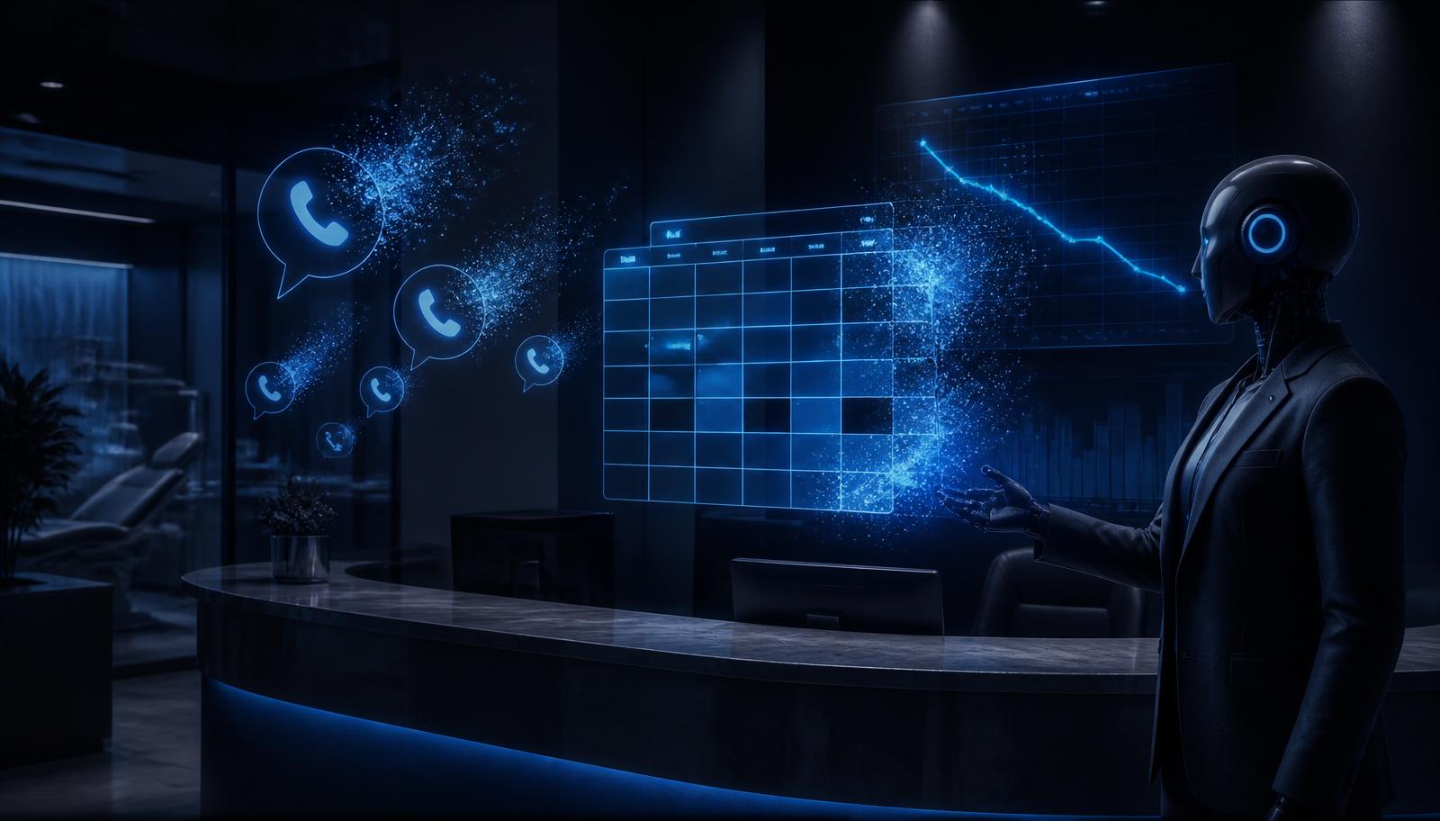 Holographic phone and calendar icons fracturing into particles above declining charts