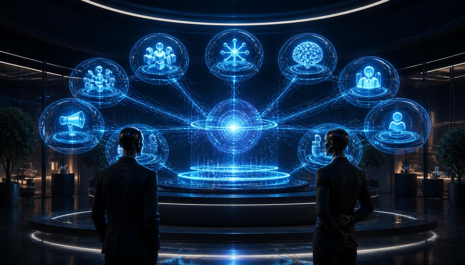 Glowing neural network of connected nodes representing an integrated AI ecosystem