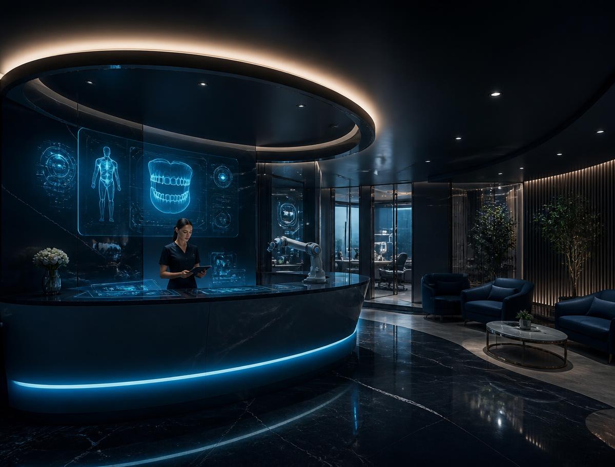 Dark cinematic clinic interior with holographic patient interfaces