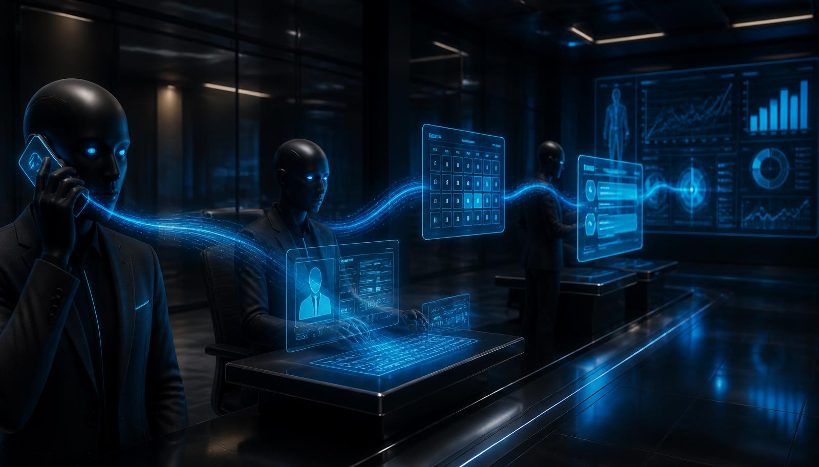 AI employees executing a healthcare workflow: a holographic call flows into a CRM, an appointment is scheduled, a confirmation is sent and analytics update
